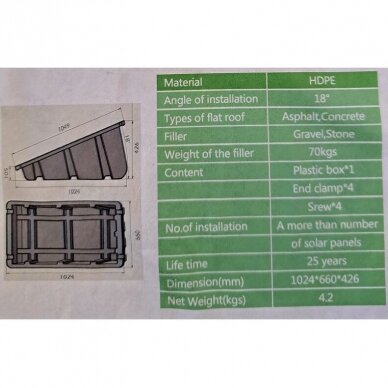 Saulės modulių tvirtinimo plastikinė vonelė plokščiam stogui 1