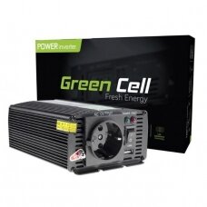 Automobilinis įtampos keitiklis 12Vdc/230Vac 300W/600W 50Hz, su USB 5V 2.1A; Green cell