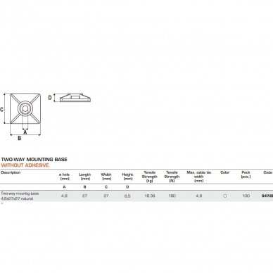 Dirželių laikiklis aikštelė tvirtinimui, 27x6.5mm, max4.8 baltas, 100vnt., 8016650020598 1