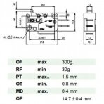 Galinės padėties mikrojungiklis su svirtele NA+NC kontaktais 27.8x10.3x18.8mm, 6.3mm