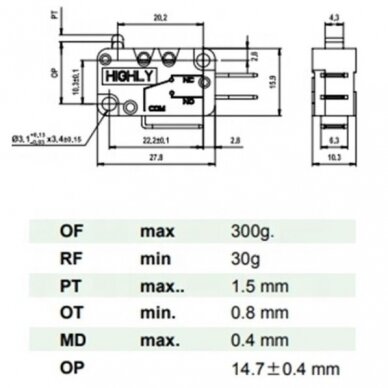 Galinės padėties mikrojungiklis su svirtele NA+NC kontaktais 27.8x10.3x18.8mm, 6.3mm 1