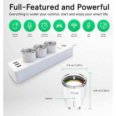 Išmani Wi-Fi rozetė 3450W,15A su elektros energijos apskaita NOUS-A1 5907772033210 6