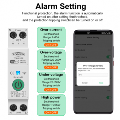 Išmanus energijos skaitiklis 63A Wi-Fi 2.4GHz su įjungimu/išjungimu, laikmačiu,viršįtampių viršsrovių  relė  1P+N Tuya TOMZN 1