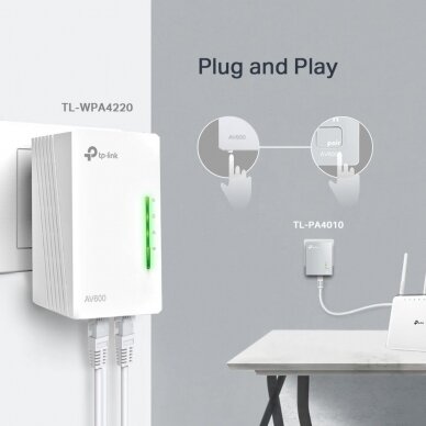 Internetas per 230V elektros tinklą Powerline 600Mbit/s su RJ45 prievadu ir Wi-Fi 300Mbit/s kartotuvu, TP-LINK 3