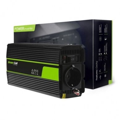 Automobilinis įtampos keitiklis 12Vdc/230Vac 500W/1000W 50Hz, su USB 5V 2.1A; Green cell