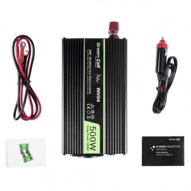 Automobilinis įtampos keitiklis 24Vdc/230Vac 500W/1000W 50Hz, su USB 5V 2.1A; Green cell 2