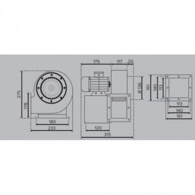 Radialinis išcentrinis sraiginis dūmų šalinimo ventiliatorius, dešinės pusės, dviejų polių variklis, 380V, D136, 315х275х233, plienas, mėlyna, Turbo Balance 140 2P 380 D, 4772318505120 2