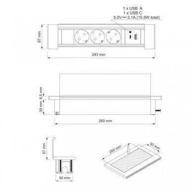 ROZETĖS (SHUKO TIPO) ĮMONTUOJAMOS Į BALDUS, SU USB ĮKROVIKLIU + Type C, SIDABRINIS 2