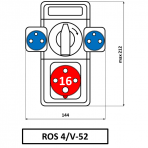 ROS4/V-12 2x230V+1x16A stacionarus skydelis su kištukiniais lizdais dėžutė su 3F kirtikliu IP44 garažams, komercinėms patalpoms